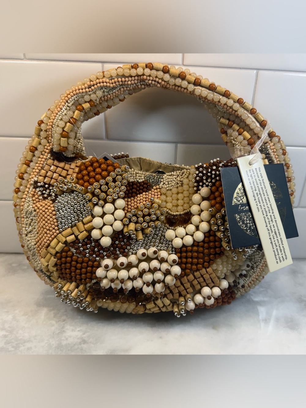 Viral Handcrafted Made in India Beaded Brown Cream Wooden Beads Bag NWT